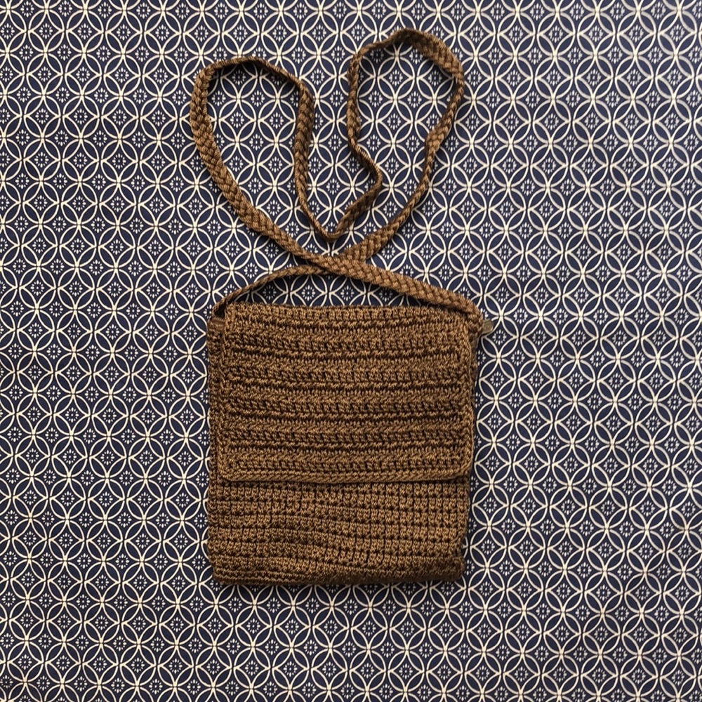 Talbots woven/crocheted purse. Small crossbody; brown/tan cord with sheen.